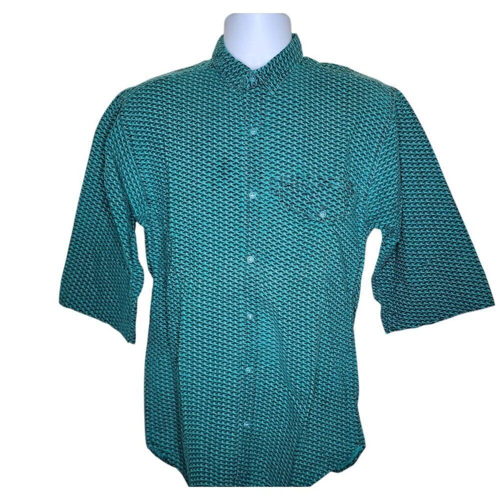 Vintage 80s Tomato Geo Check Short Sleeve Button Up Mens Shirt Size M Green